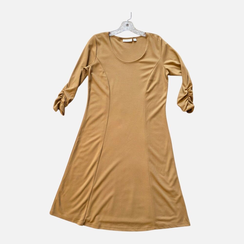 Susan Graver Ponte Knit Swing Dress S Light Brown 3/4 Ruched Sleeve A-Line Wheat